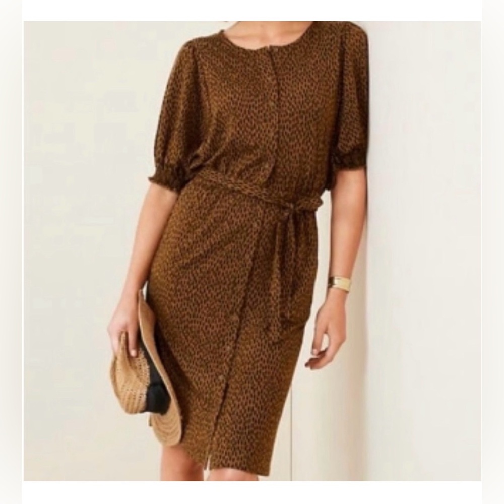 Garnet Hill Smocked Cheetah Print Elbow Sleeve Belted Relaxed Fit Dress Sz M